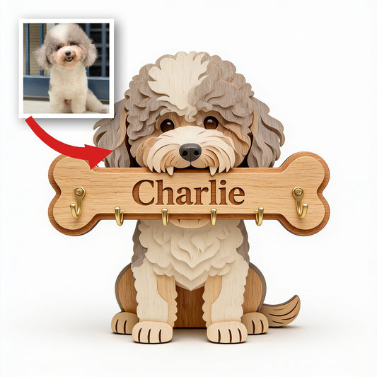 Personalized Curly Fur Poodle Wooden Key Rack Wall Hanging Organizer