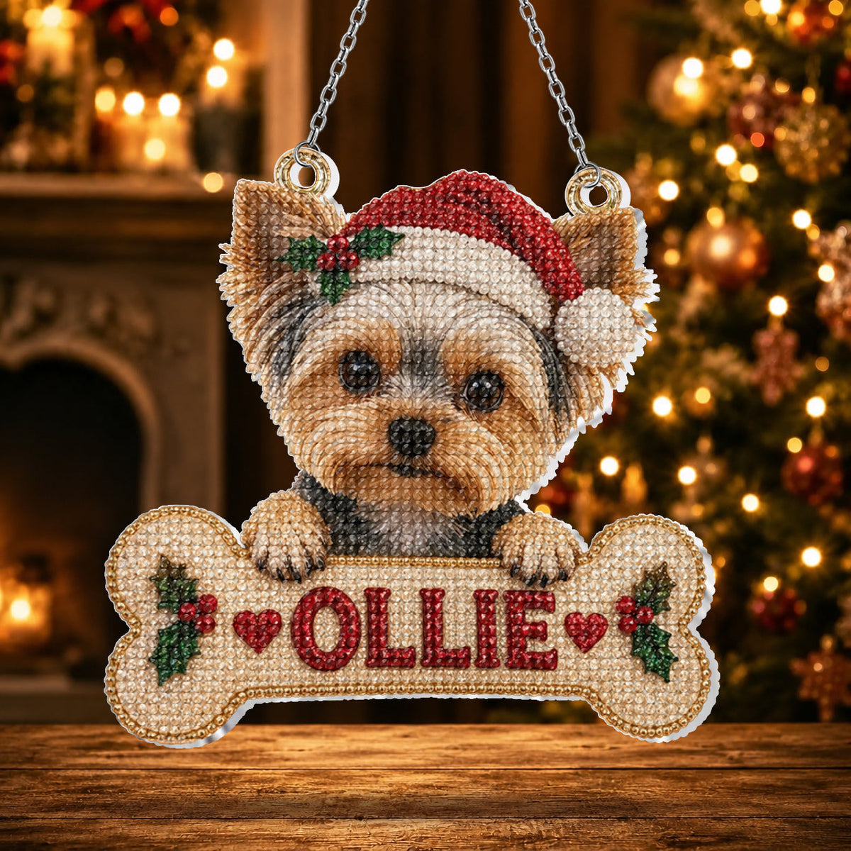 Personalized Christmas Fawn White Bulldog Diamond Painting Ornament Kit