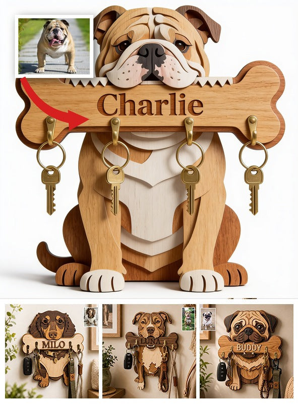 Porte-clés en bois personnalisé Bulldog fauve et blanc - Cadeau pour amoureux des chiens