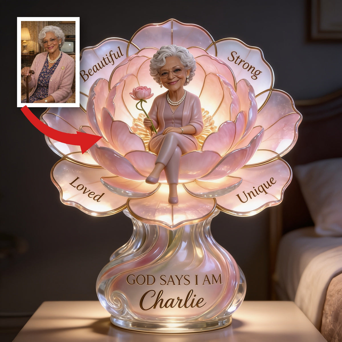 Lampe de Nuit LED Acrylique Personnalisée Femme Noire Âgée, Cadeau d'Amour Propre pour Maman, Grand-Mère, Épouse