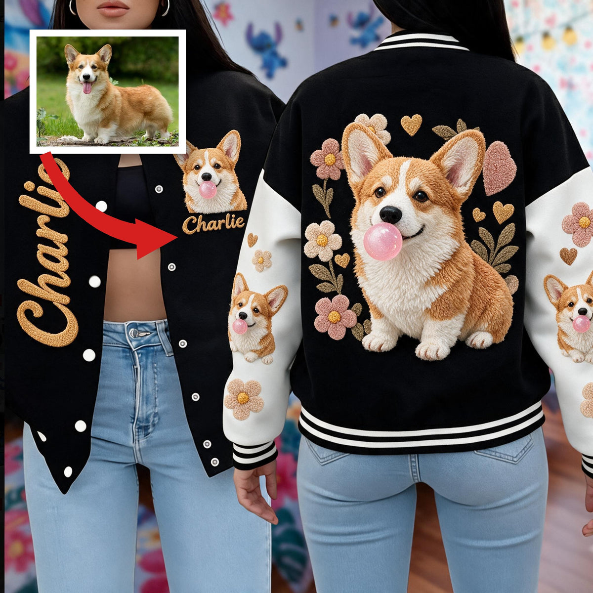 Personalized Adult Tan and White Pembroke Welsh Corgi Varsity Jacket