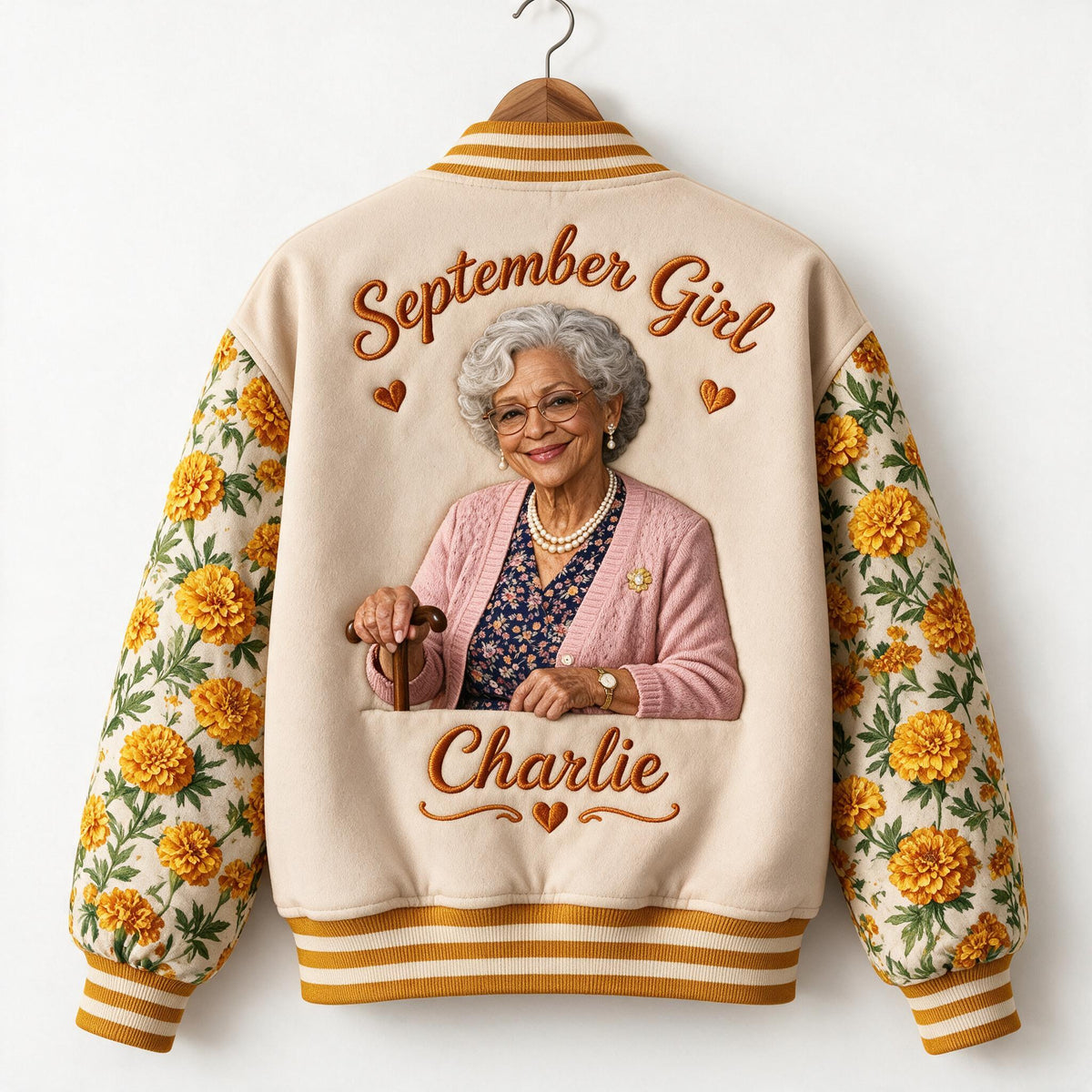 Personalized Older Black Woman Floral Varsity Jacket, Custom Grandma Gift