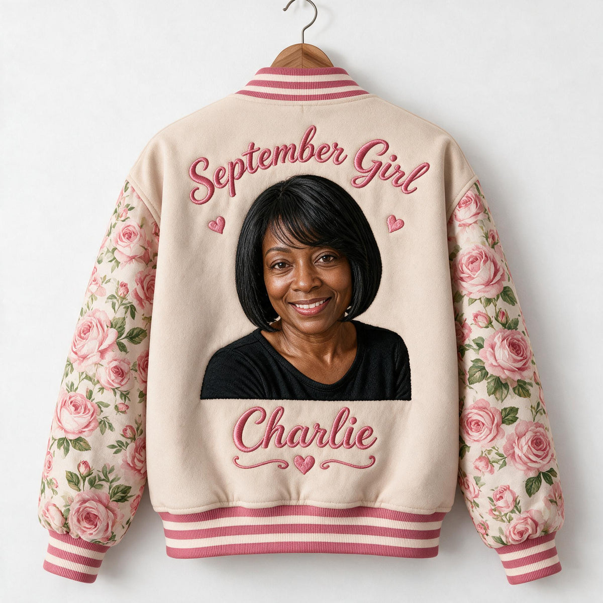 Personalized Middle-Aged Black Woman Floral Varsity Jacket Custom Portrait Gift