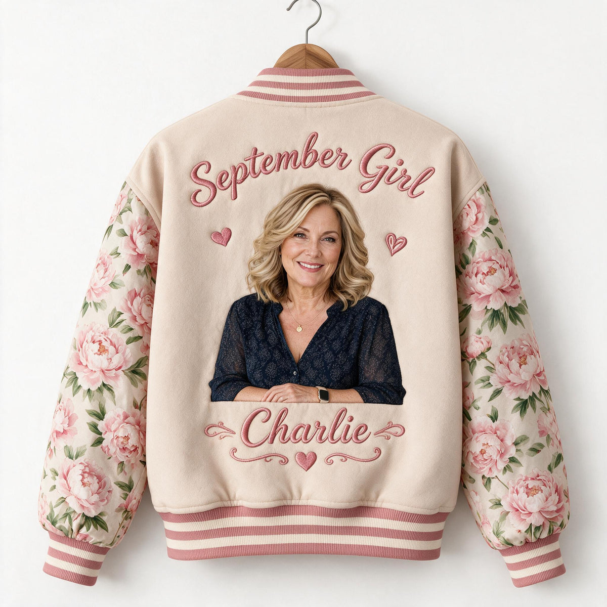Personalized Middle-Aged Woman Floral Varsity Jacket Gift for Mom Grandma Wife