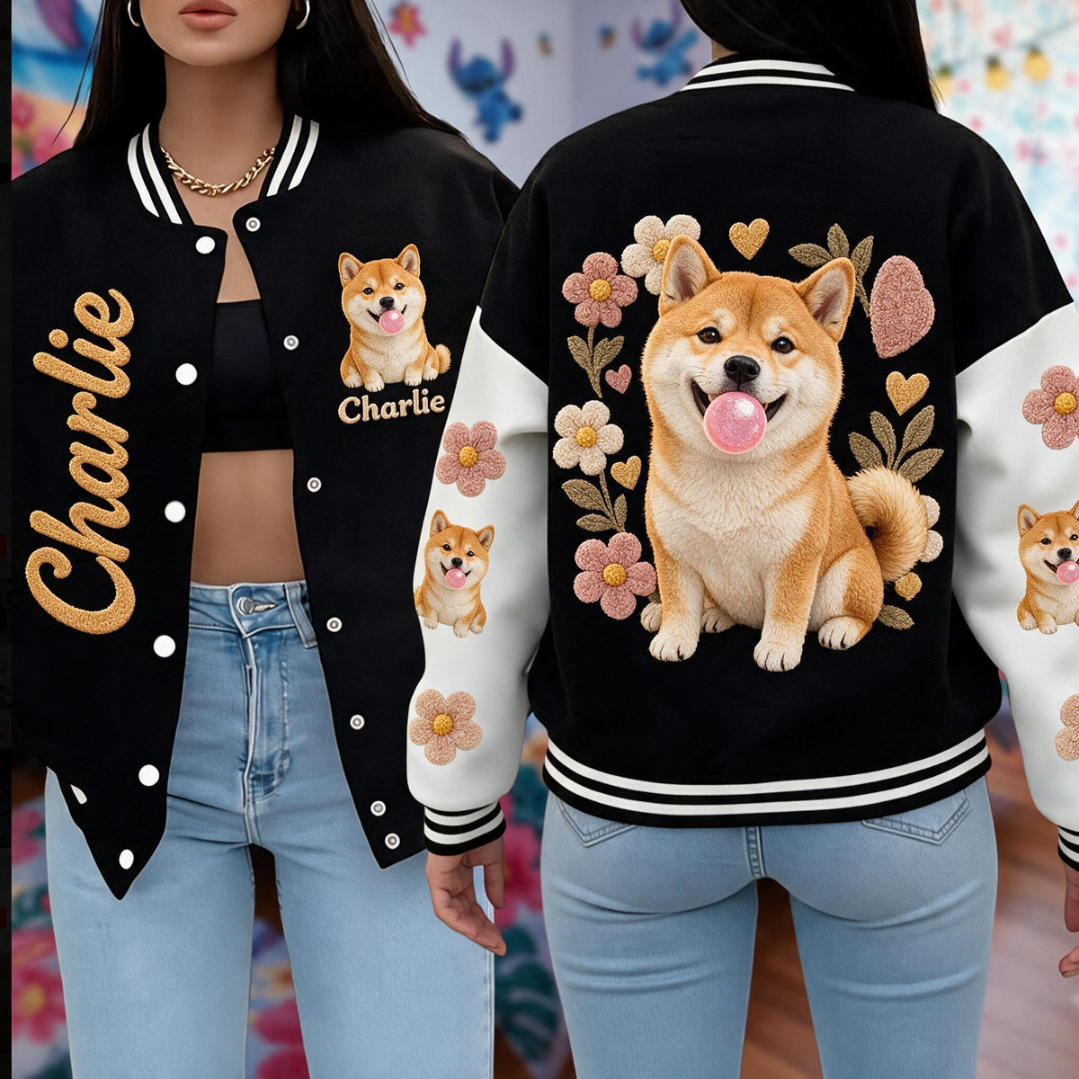 Personalized Tan & White Adult Shiba Inu Varsity Jacket Dog Owner Gift