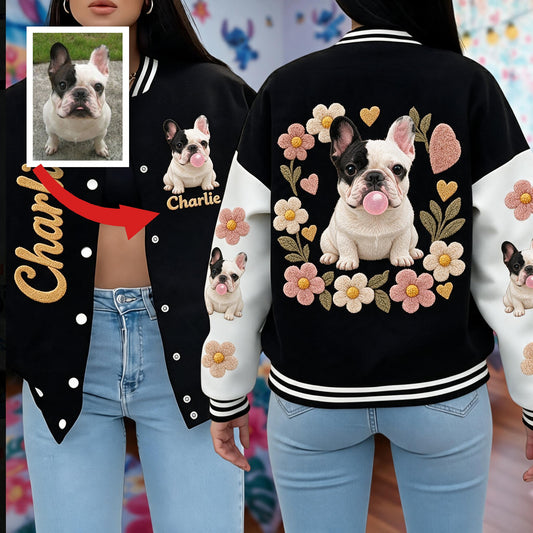 Personalized Black and White French Bulldog Varsity Jacket Dog Owner Gift