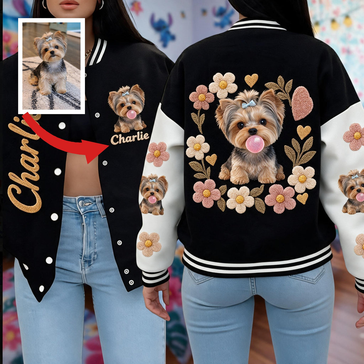 Personalized Yorkshire Terrier Varsity Jacket Dog Lover Casual Outerwear