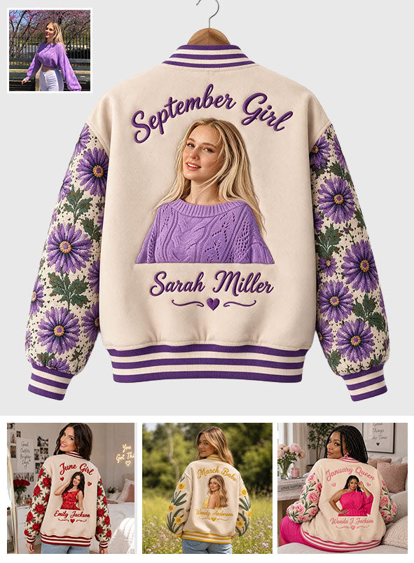 Personalized Middle-Aged Black Woman Floral Varsity Jacket Custom Portrait Gift