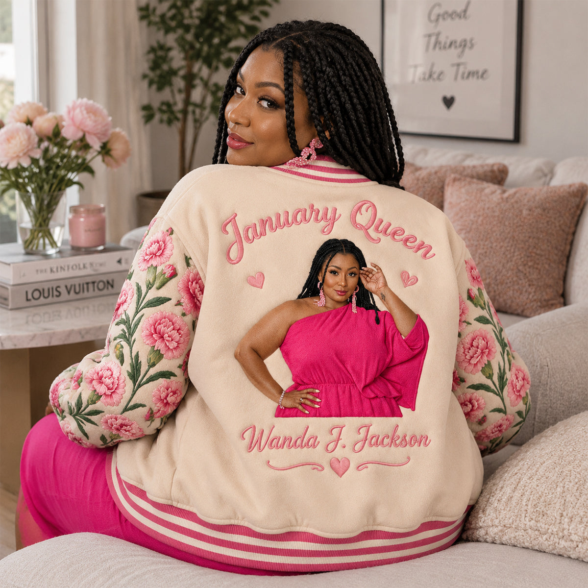 Personalized Middle-Aged Woman Floral Varsity Jacket Gift for Mom Grandma Wife