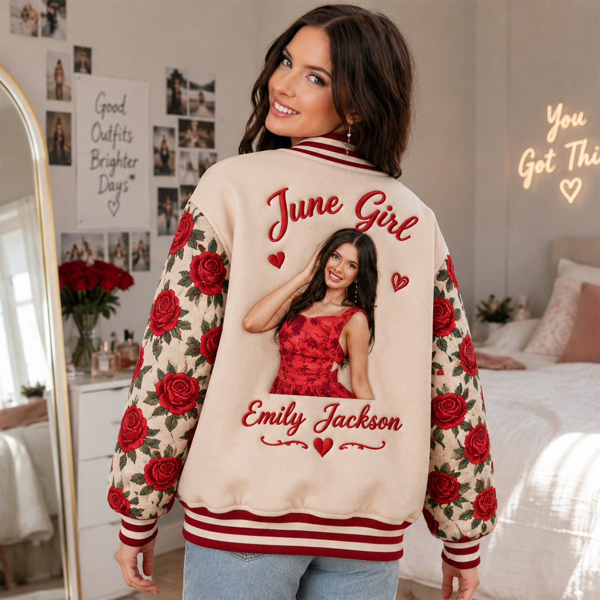 Personalisierte Damen Floral Varsity Jacke Geschenk für Frau Freundin Tochter