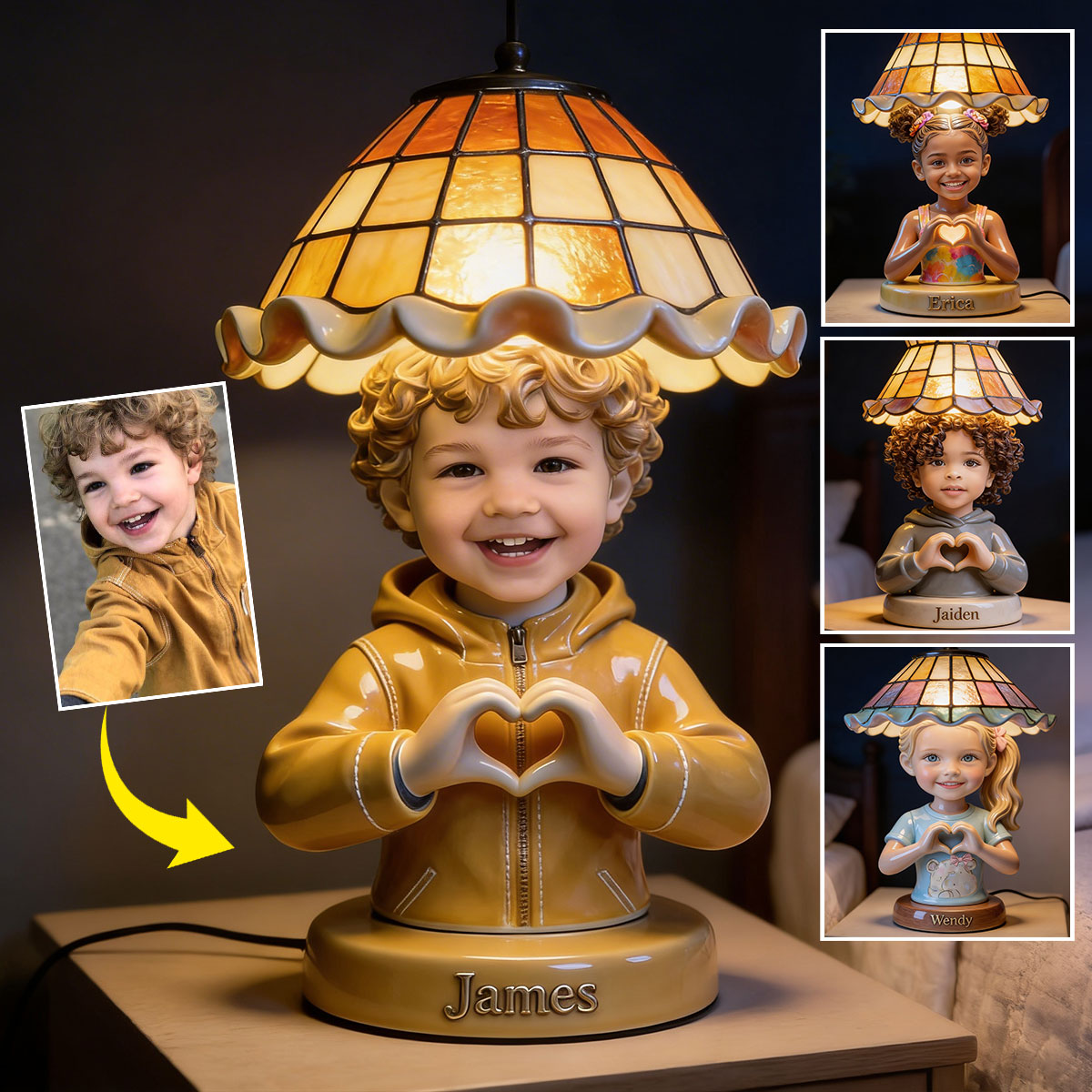 Personalized Black Little Boy Acrylic LED Night Light, Gift for Son Grandson Nephew