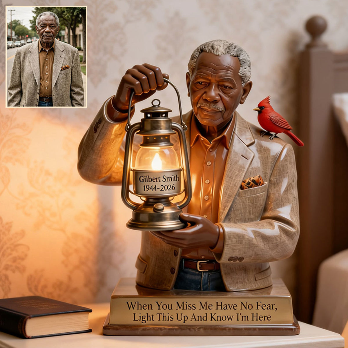 Personalized Woman with Red Cardinal Memorial LED Night Light Statue