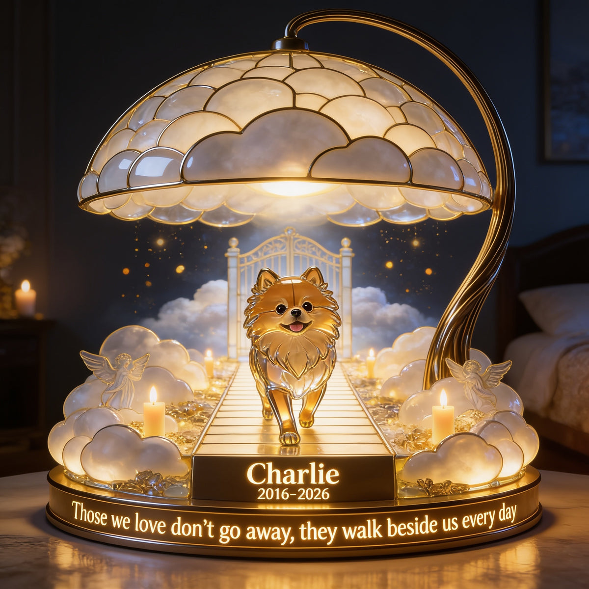 Personalized Golden Fluffy Pomeranian Memorial Acrylic LED Night Light Pet Keepsake