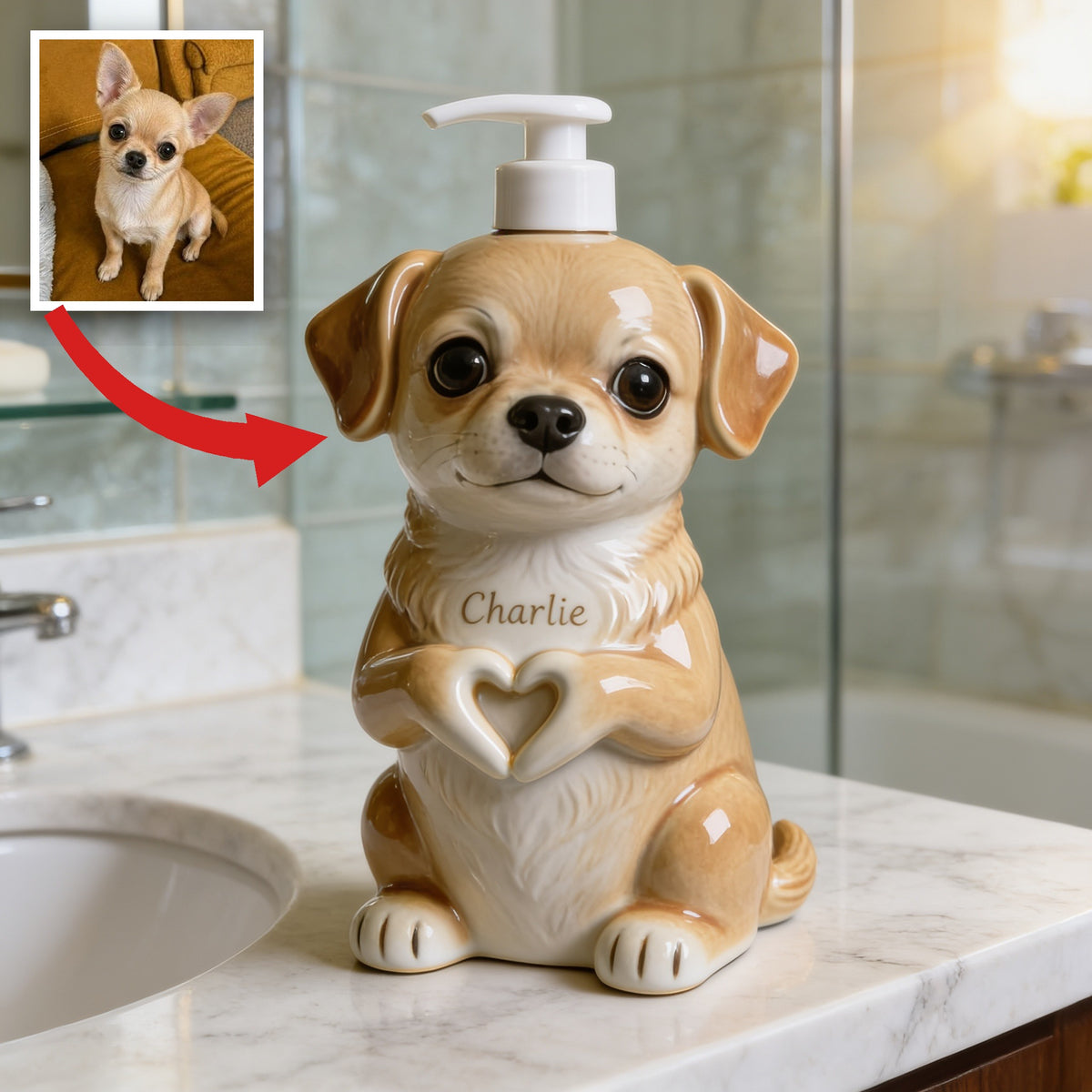 Personalized Fawn and White Chihuahua Puppy Soap Dispenser Bathroom Decor