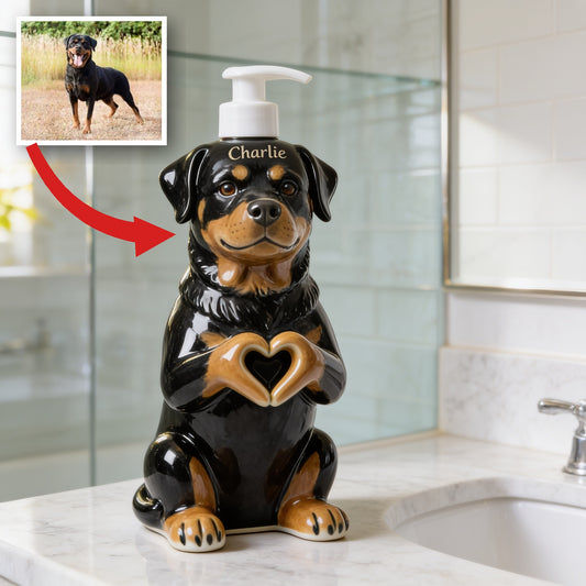 Personalized Adult Black and Tan Rottweiler Soap Dispenser Dog Lover Gift