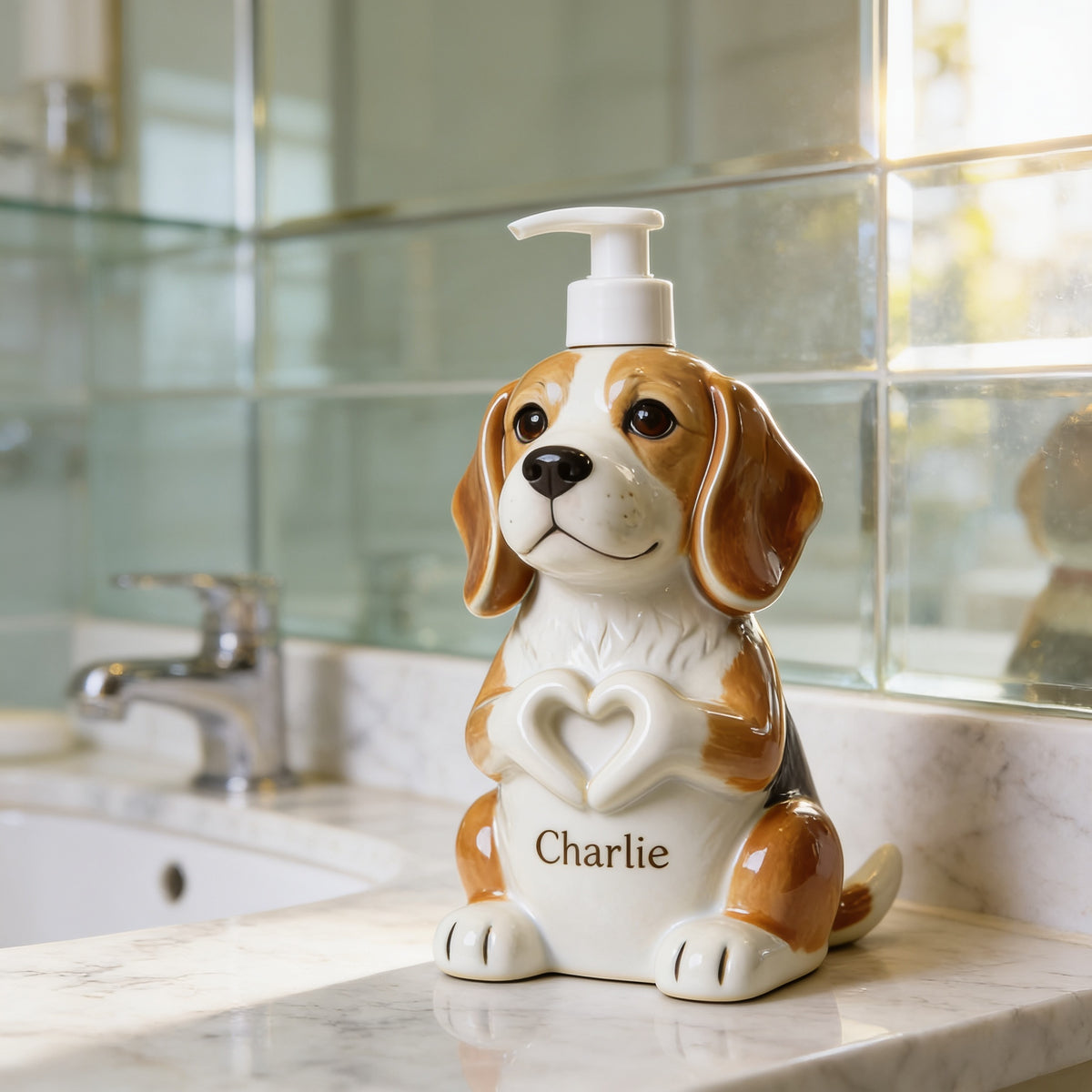Personalized Adult Tricolor Beagle Soap Dispenser Dog Lover Bathroom Gift