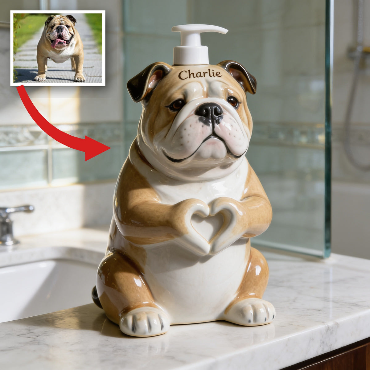 Personalized Fawn White Adult Bulldog Soap Dispenser Pet Bathroom Decor