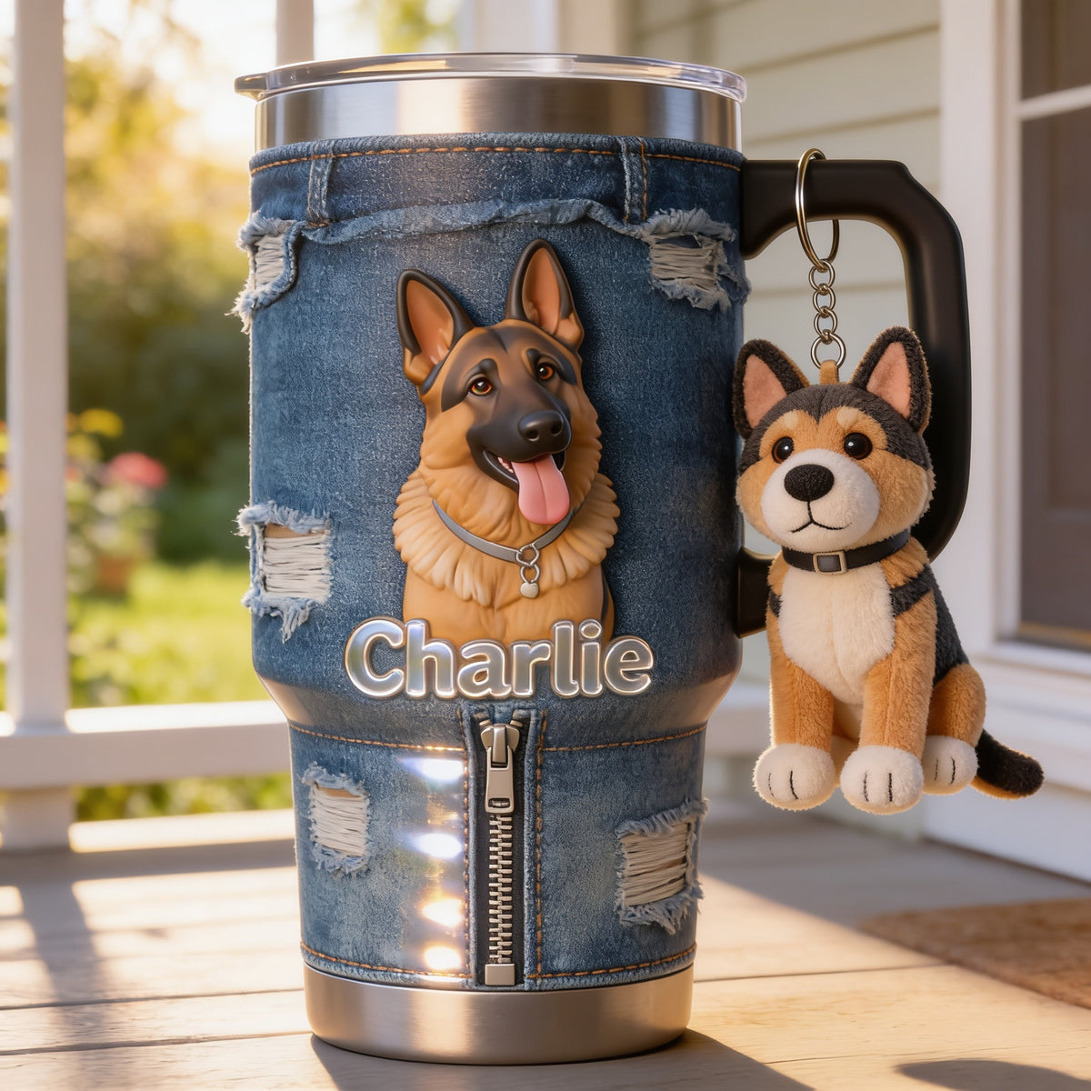 Personalized Black and Tan Adult German Shepherd Tumbler With Plush Charm Pet Owner Gift
