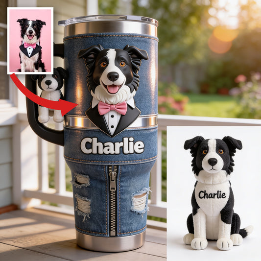 Personalized Border Collie Tuxedo Tumbler With Plush Charm Pet Gift