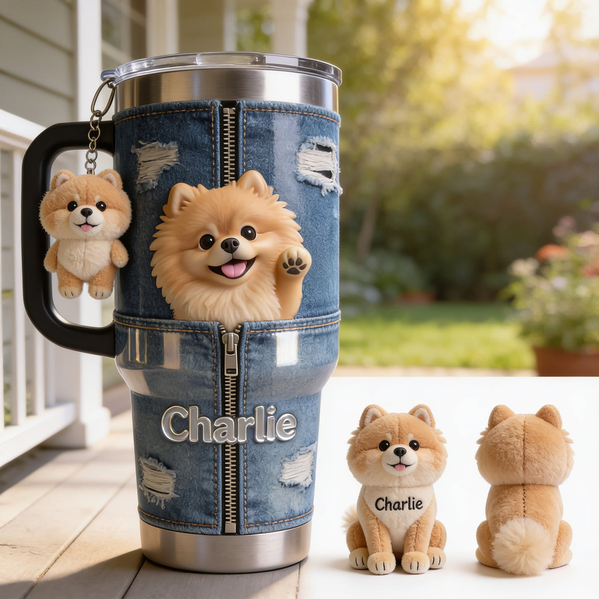 Personalized Fluffy Golden Tan Pomeranian Tumbler With Plush Charm Pet Lover Gift