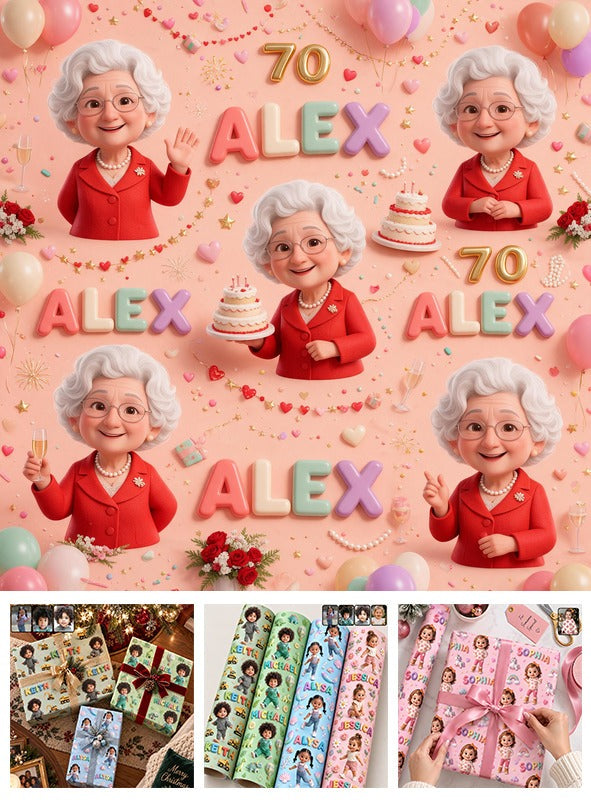 Personalized 70th Birthday Older Woman Wrapping Paper, Grandma Gift Wrap