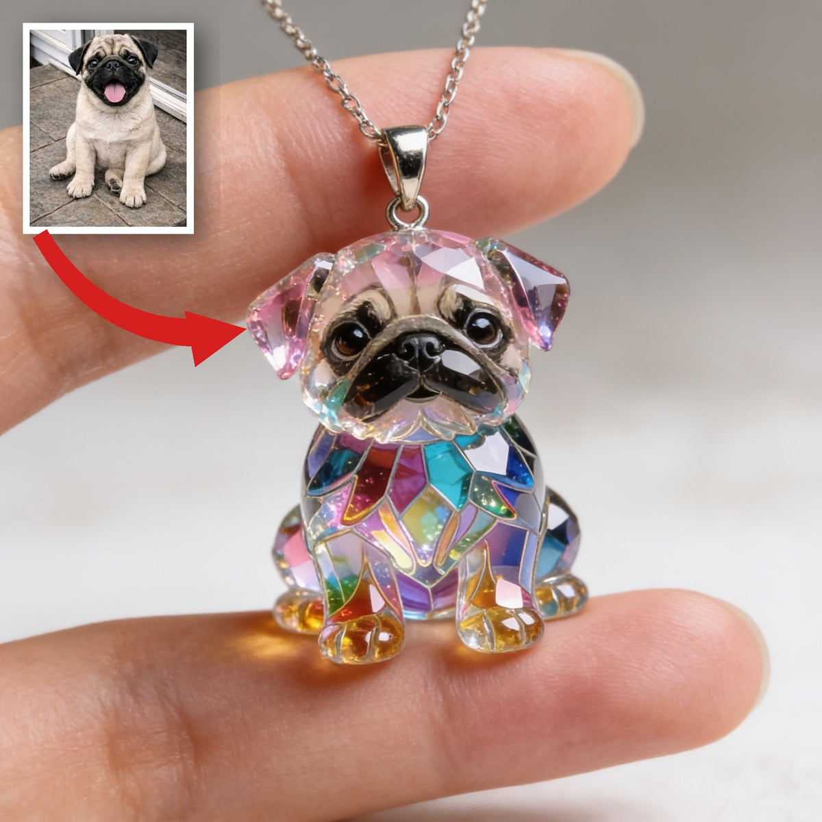 Custom Photo Fawn Pug Puppy Acrylic Pendant Necklace Dog Lover Gift