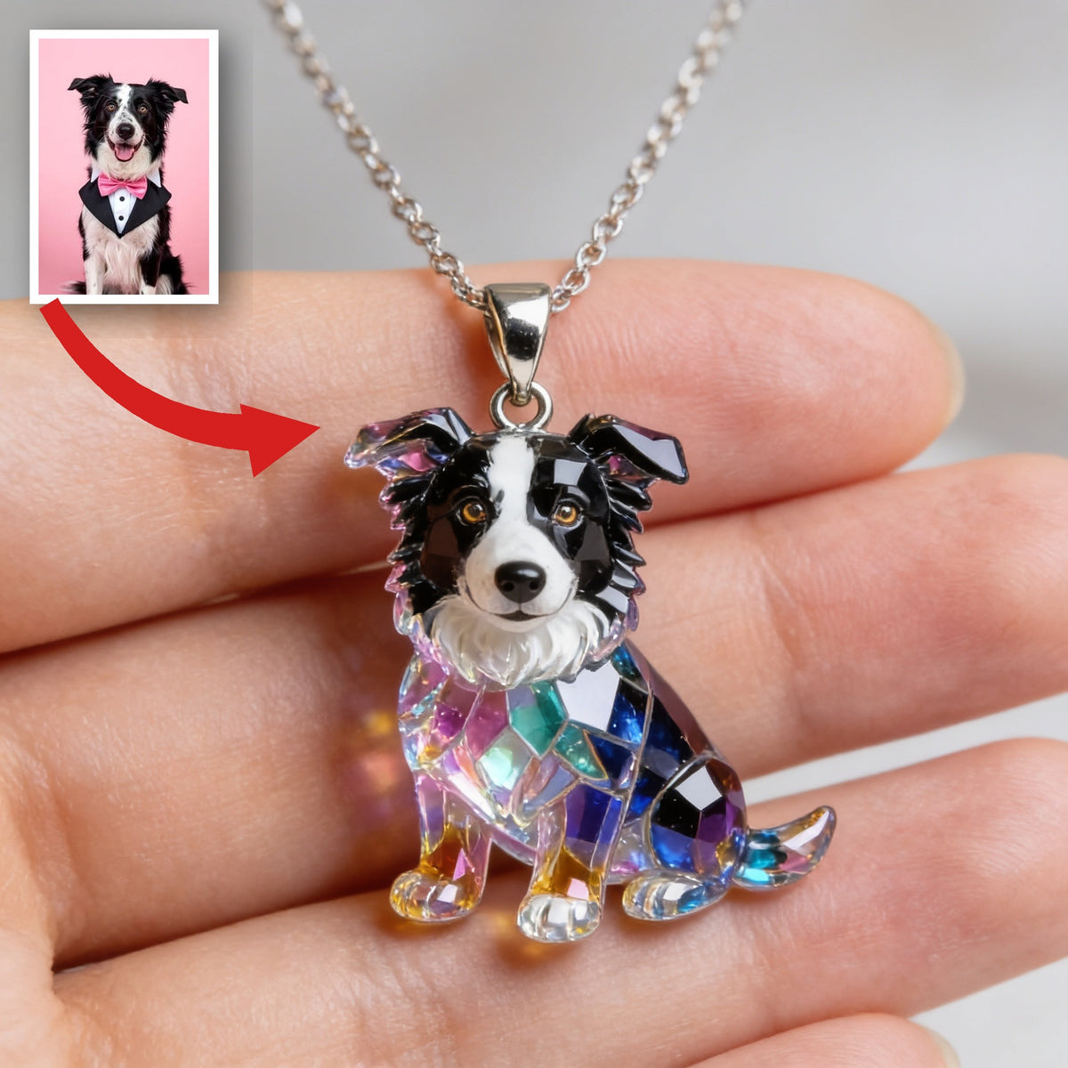 Custom Photo Black and White Border Collie Acrylic Pendant Necklace Dog Lover Gift