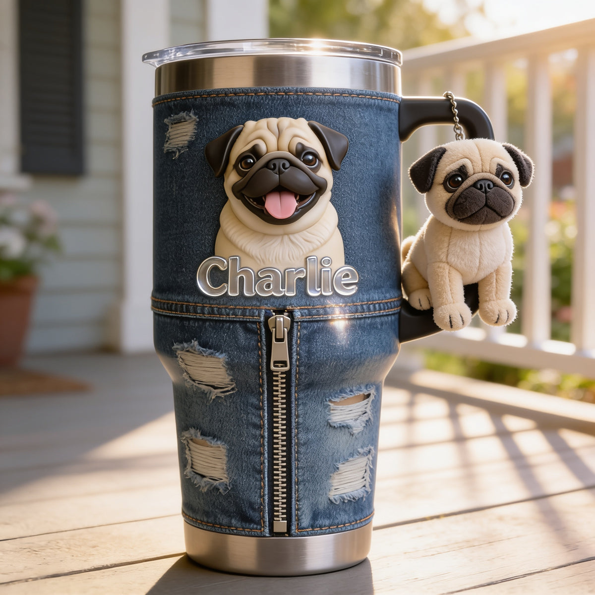 Personalized Fawn Pug Tumbler With Plush Charm Pet Lover Gift