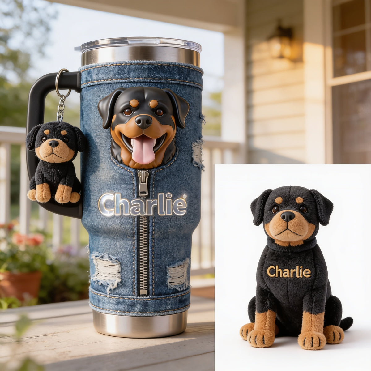 Personalized Black and Tan Rottweiler Tumbler With Plush Charm Dog Lover Gift