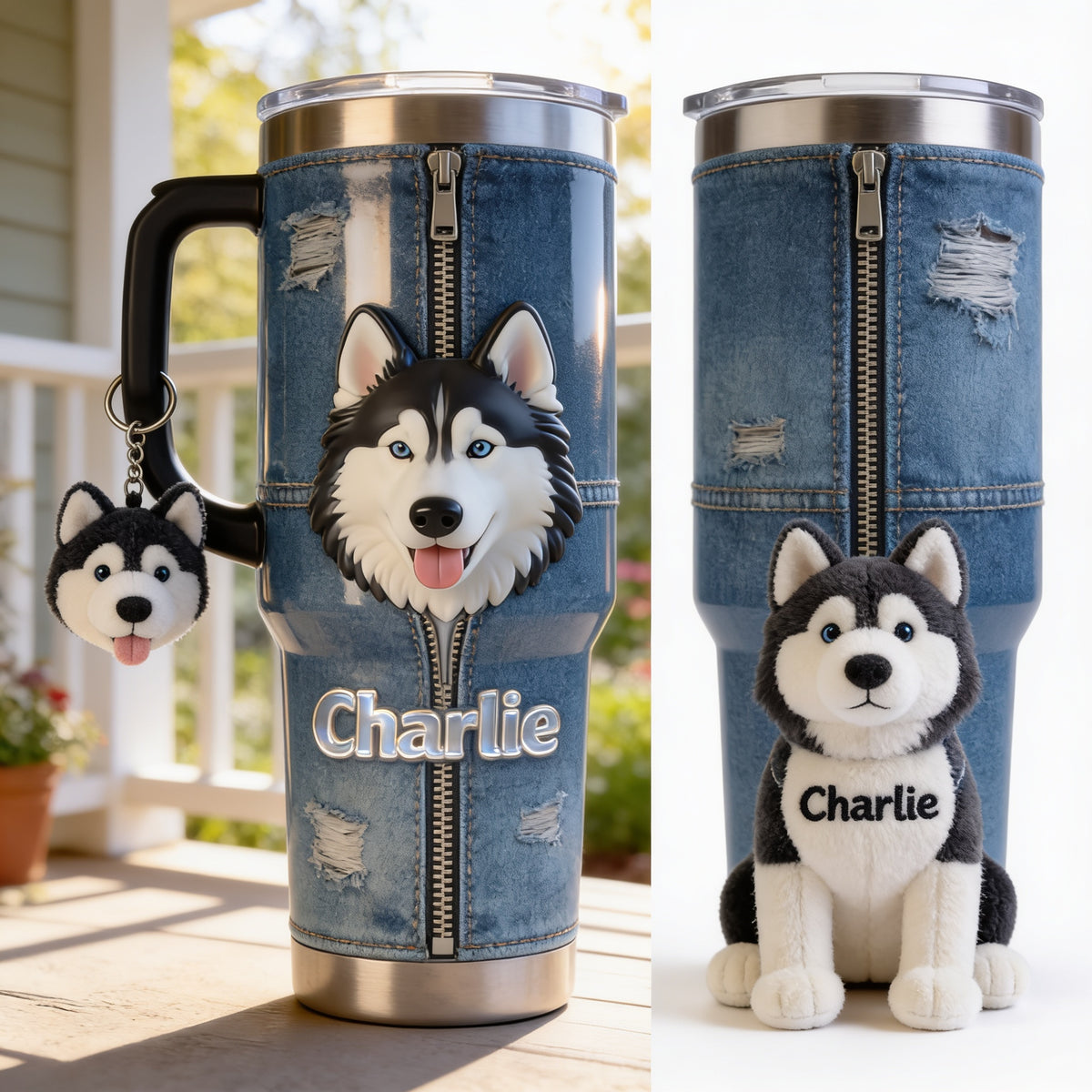 Personalized Siberian Husky Tumbler with Plush Charm Dog Lover Gift