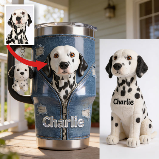 Personalized Dalmatian Tumbler with Plush Charm, Pet Owner Gift