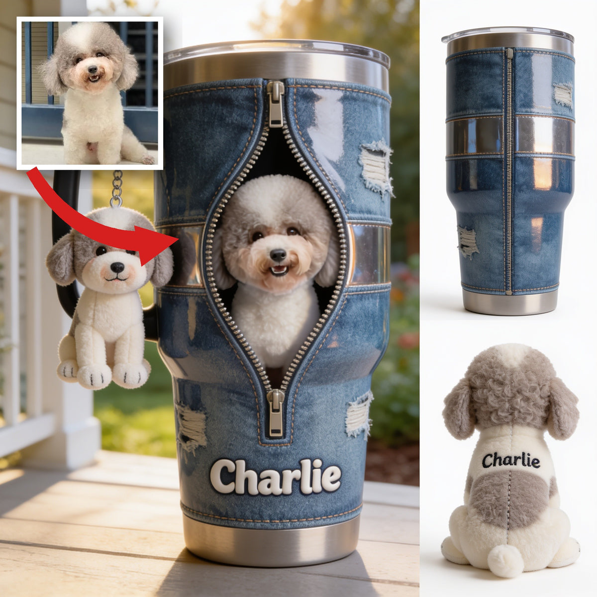 Personalized Adult Curly Fur Poodle Tumbler With Plush Charm Pet Lover Gift