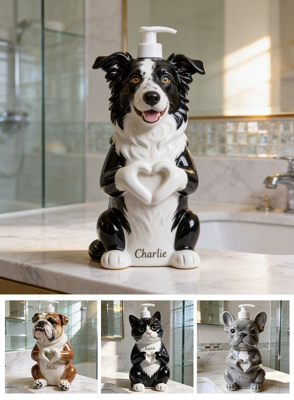 Personalized Black and White Border Collie Soap Dispenser Dog Lover Gift