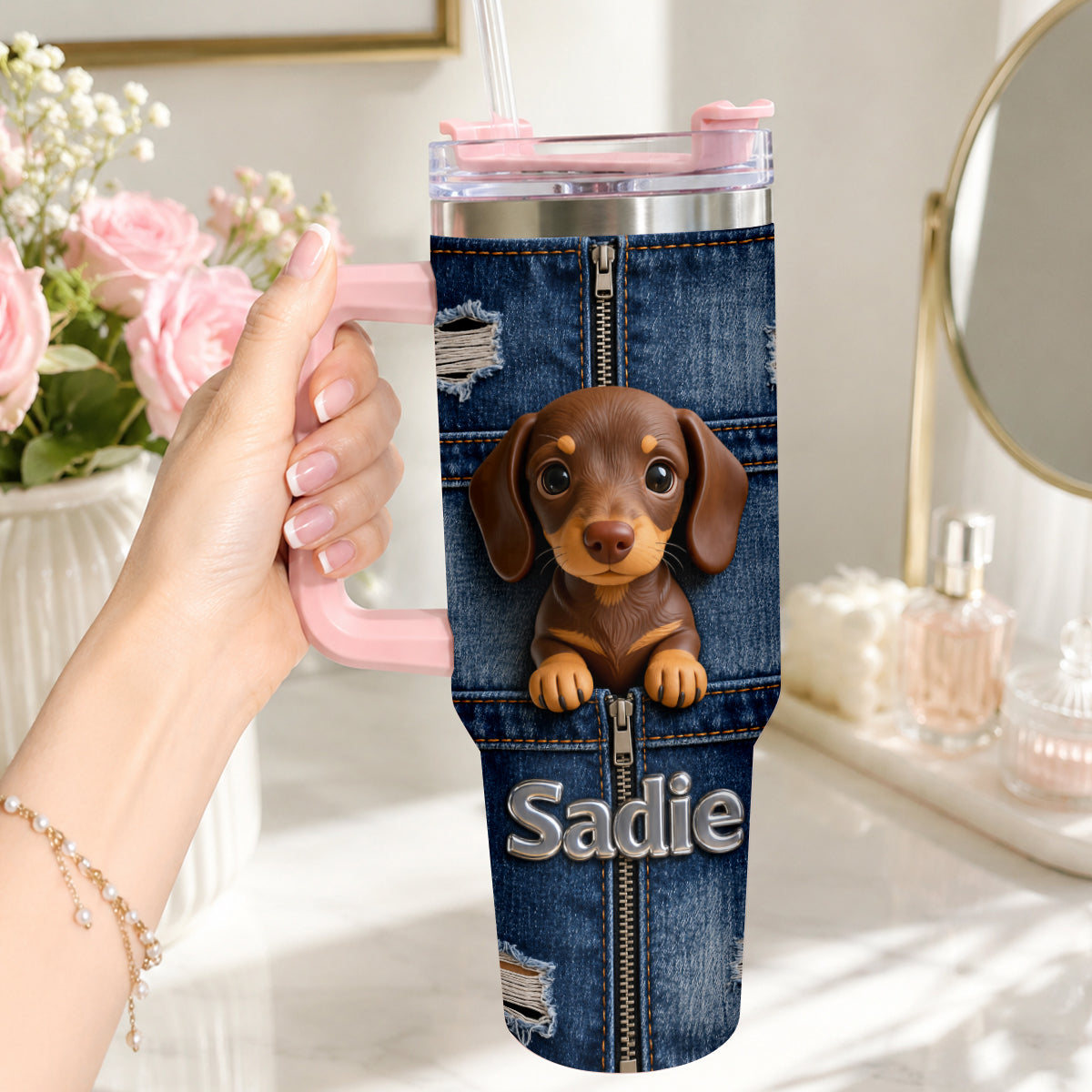 Personalized Black and Tan Rottweiler Tumbler With Plush Charm Dog Lover Gift