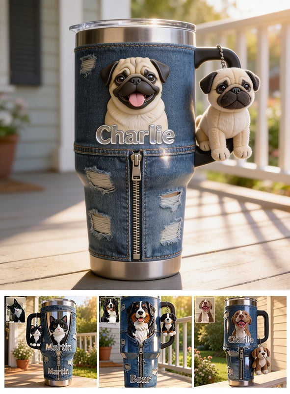 Personalized Fawn Pug Tumbler With Plush Charm Pet Lover Gift