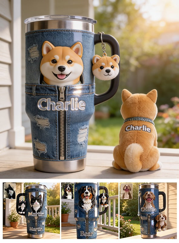 Personalized Tan & White Adult Shiba Inu Tumbler With Plush Charm Pet Lover Gift