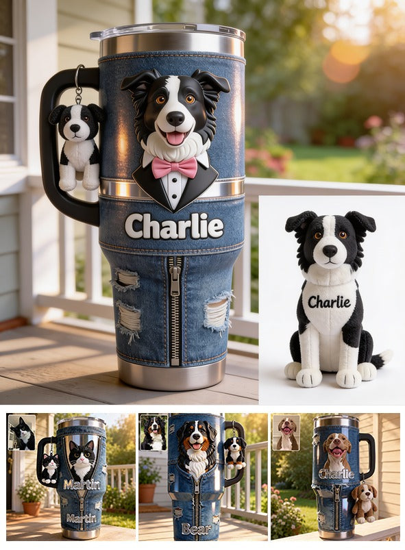 Personalized Border Collie Tuxedo Tumbler With Plush Charm Pet Gift