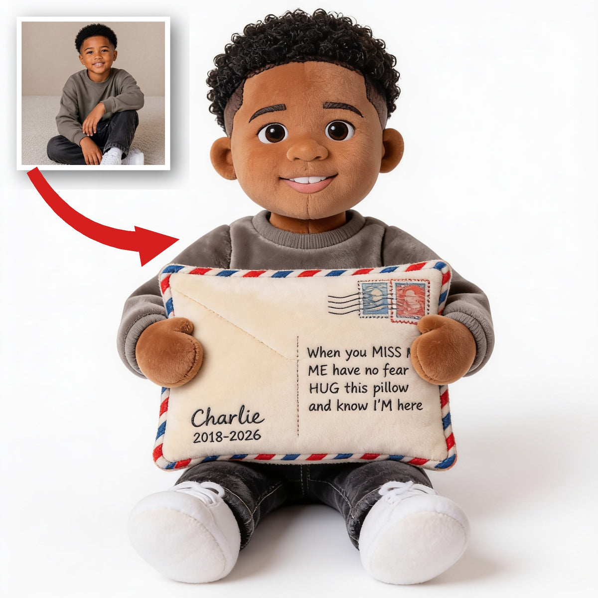 Personalized Black Little Boy Letter From Heaven Faux Fur Shaped Memorial Pillow