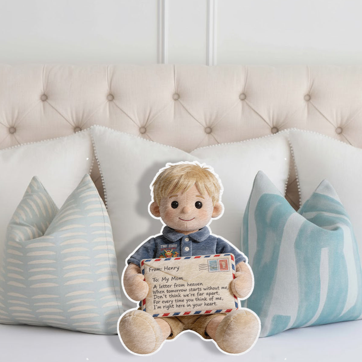 Personalized Black Little Boy Letter From Heaven Faux Fur Shaped Memorial Pillow