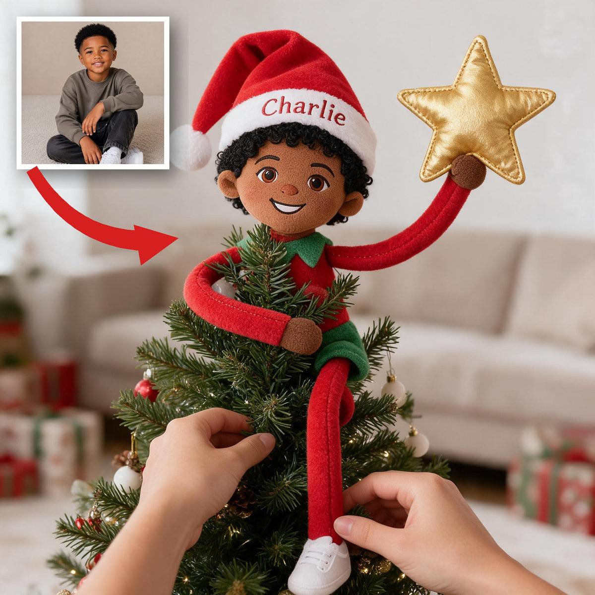 Personalized Christmas Black Little Boy Posable Plush Doll Gift for Family