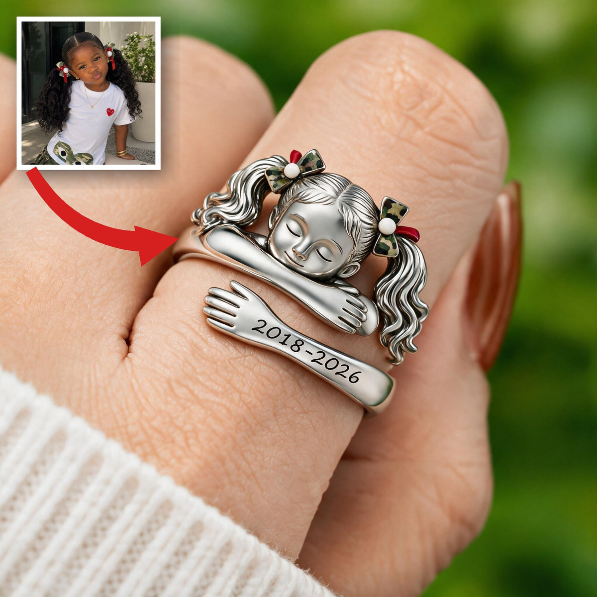 Personalized Black Little Girl Hug Adjustable Memorial Ring