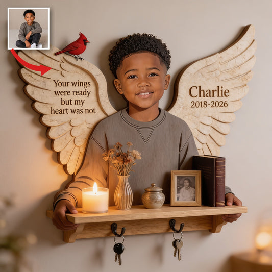 Personalized Black Little Boy 2018-2026 Memorial Wooden Floating Shelf