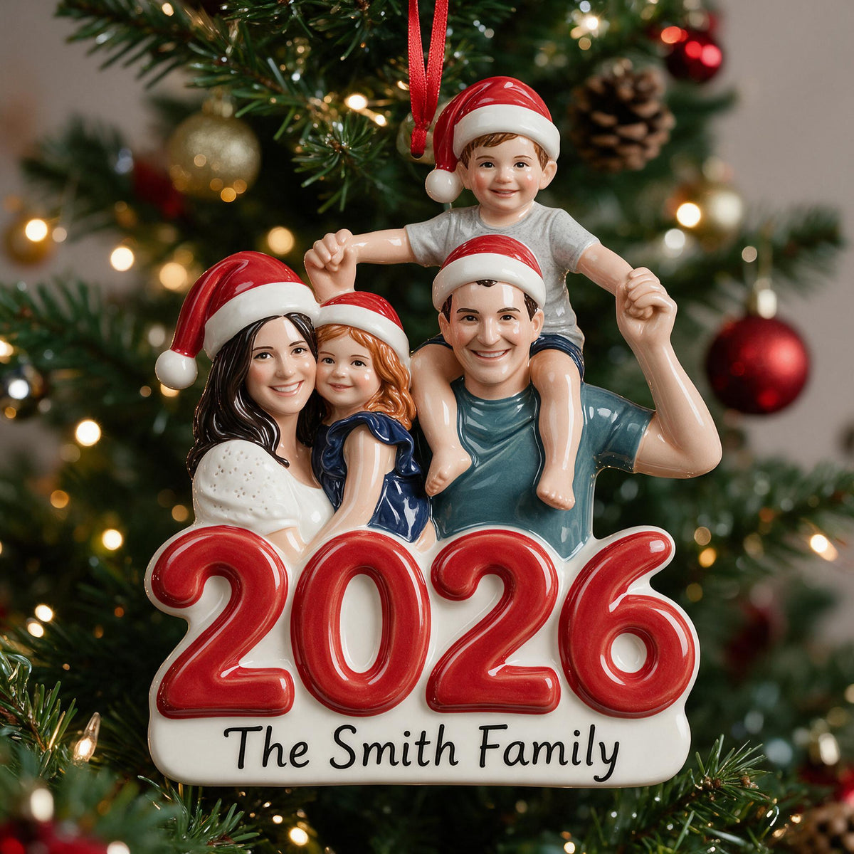 Custom Photo Christmas Family Of Four 2026 Premium 3D Resin Ornament