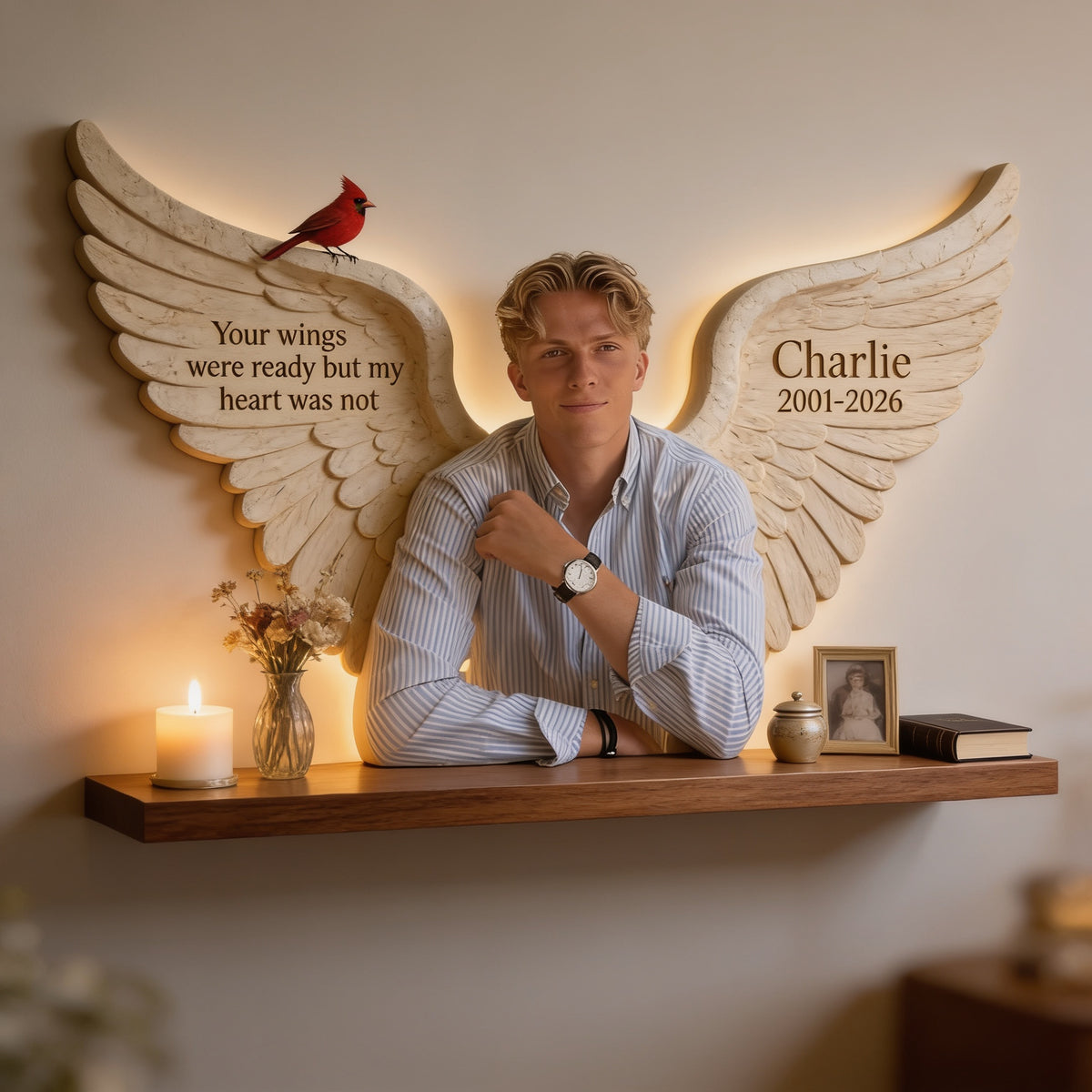 Personalized Memorial Man 2001-2026 Wooden Floating Shelf Wall Decor