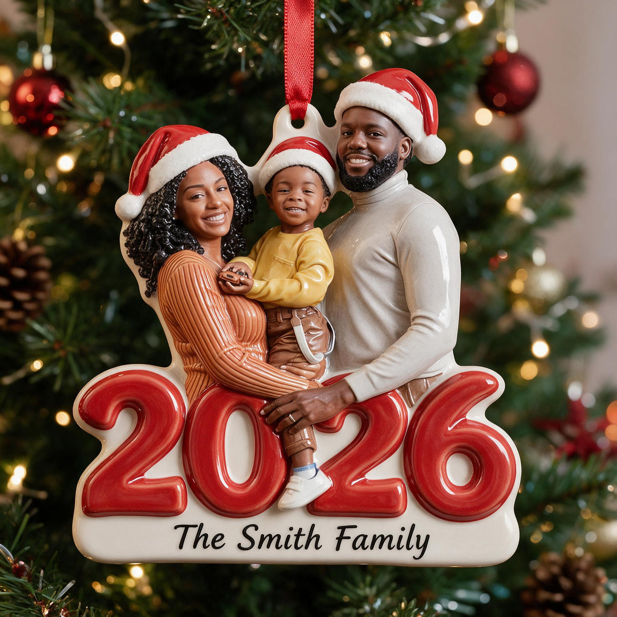 Custom Photo 2026 Christmas Black Family Of Three 3D Resin Ornament