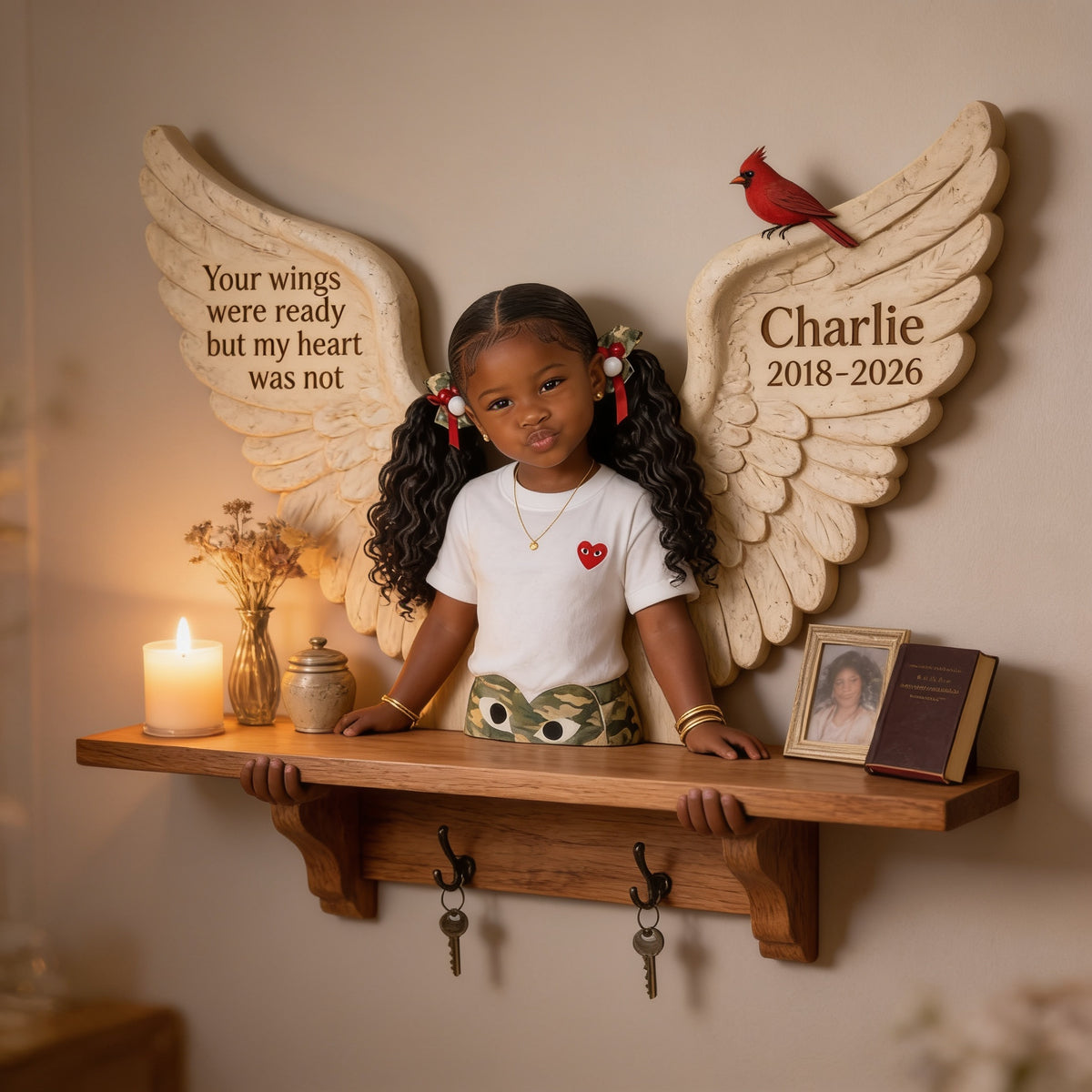 Personalized Black Little Girl Memorial Wooden Floating Shelf Wall Decor