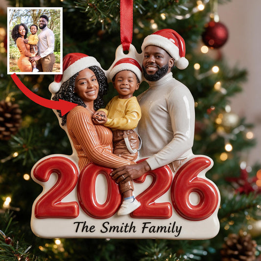 Custom Photo 2026 Christmas Black Family Of Three 3D Resin Ornament