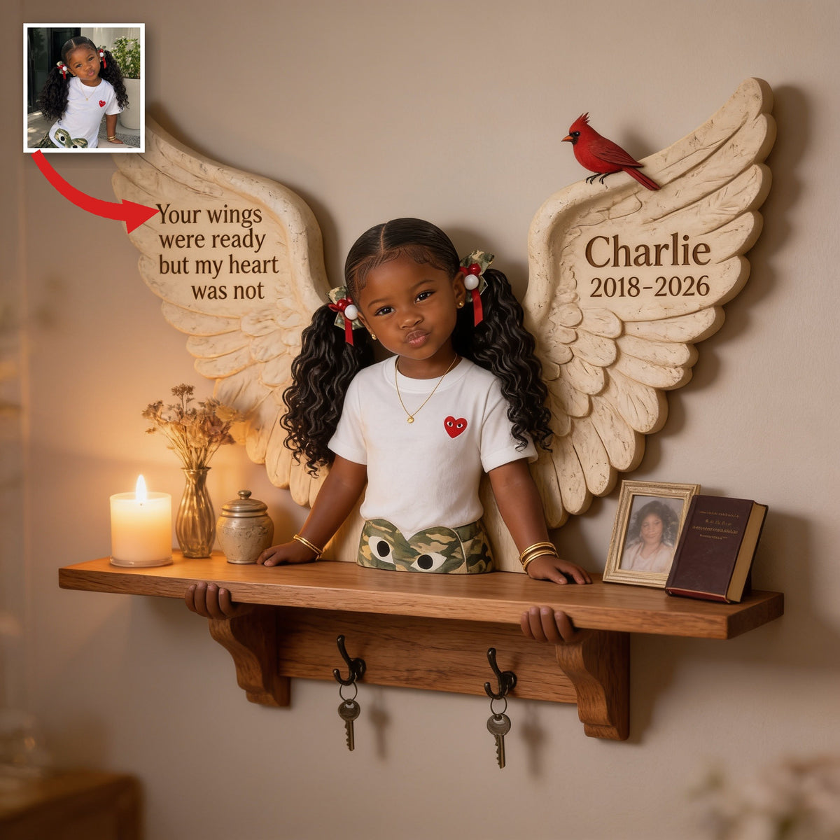 Personalized Black Little Girl Memorial Wooden Floating Shelf Wall Decor