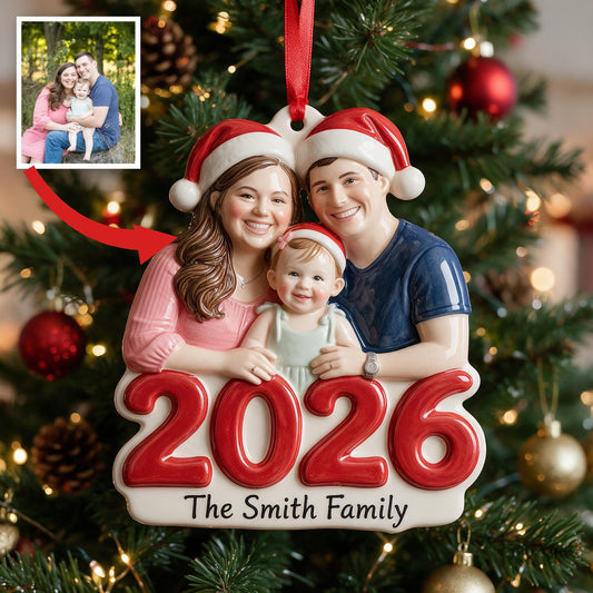 Custom Photo 2026 Family Of Three Premium 3D Christmas Ornament