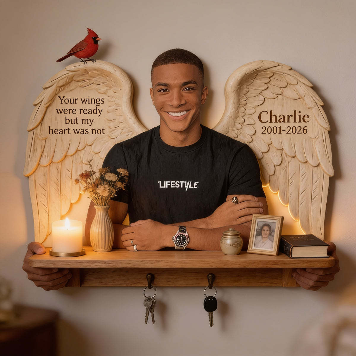 Personalized Memorial Black Man Wooden Floating Shelf Keepsake Wall Decor